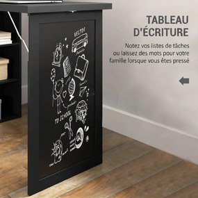 Secretária dobrável com estante, posto de trabalho, quadro negro e prateleira ajustável, 98 x 51 x 153 cm, preta