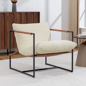 Poltrona de sala  77x91x80 cm, estofada em tecido bouclé, assento largo e estrutura em aço,, creme