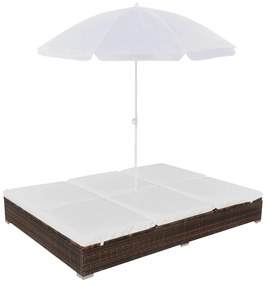 vidaXL Espreguiçadeira de exterior com guarda-sol vime PE castanho