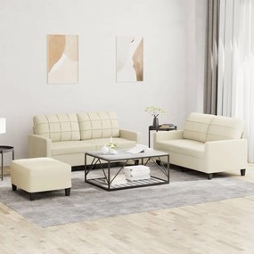 3 pcs conjunto sofás c/ almofadões couro artificial cor creme