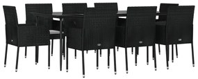 9 pcs conjunto de jantar p/ jardim c/ almofadões vime PE preto