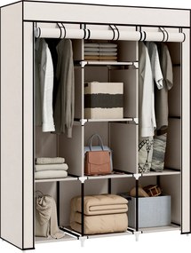 HOMCOM Roupeiro de Tecido Dobrável com 8 Prateleiras de Armazenamento e 2 Barras de Pendurar 125x43x162,5cm Creme | Aosom Portugal