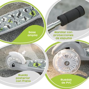 HOMCOM Trotinete para Crianças acima de 3 Anos Dobrável Trotinete com 3 Rodas com Luzes LED Guiador com Altura Ajustável e Freio Posterior Carga Máxima 50kg 54,7x32,5x59-69cm Cinza
