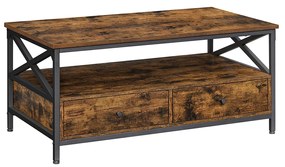 Mesa de Centro VASAGLE, Mesa de Sala de Estar, com 2 Gavetas e Prateleira Aberta, Estrutura de Aço em Formato de X, 100 x 55 x 45 cm, Estilo Industrial, Marrom Rústico e Preto LCT201B01