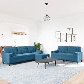 3 pcs conjunto de sofás com almofadões e rolos veludo azul