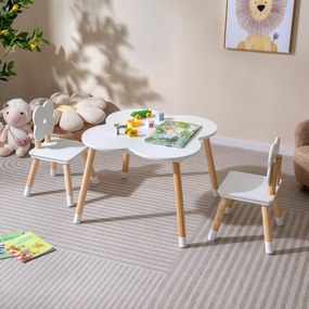Conjunto de Mesa Flor com Jogo e Atividades em Madeira e 2 Cadeiras Infantis em Pinho Maciço para Crianças com mais de 3 anos Branco e Natural