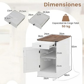 Mesa apoio, mesa cabeçeira 35 x 60 x 62 cm com Estação de Carregamento e Armazenamento Gaveta e Bandeja Removível para Quarto ou Sala Branca