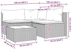 4 pcs conjunto lounge de jardim c/ almofadões vime PE cinzento