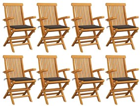 Cadeiras de jardim c/ almofadões cinza-acast. 8 pcs teca maciça