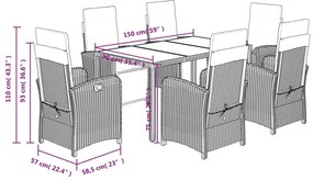 7 pcs conjunto de jantar p/ jardim c/ almofadões vime PE cinza