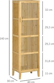 Móvel de arrumação em bambu com prateleiras e porta de design com ripas para casa de banho 40 x 30 x 140 cm
