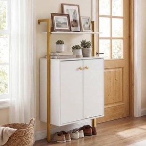 Estante de parede de 4 prateleiras com portas 53 x 29,5 x 96 cm e puxadores dourados para sala, quarto ou escritório Branco + Dourado