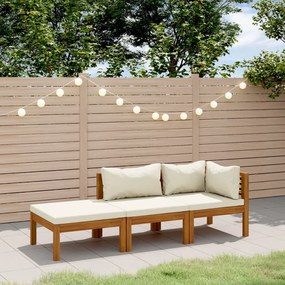 vidaXL 3 pcs conjunto lounge jardim c/ almofadões creme acácia maciça