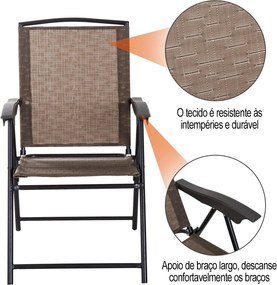 Conjunto de Mesa e 2 Cadeiras  Cadeira Dobrável Encosto Reclináveis a 4 Níveis  Armação de Aço Castanho
