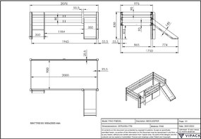 Conjunto Cama alta de Criança PINO 90 x 200 cm + estrado + escada + escorrega + conjunto de 2 gavetas e prateleira suspensa Branca