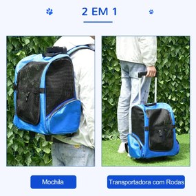 Transportadora para Animais de Estimação 2 em 1 Mochila de Viagem com 2 Rodas para Cães Gatos com Alça Retrátil de Alumínio e Bolso de Armazenamento 4