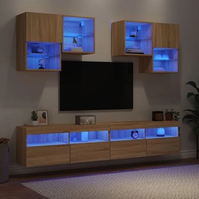 6 pcs conj. móveis de parede p/ TV c/ luzes LED carvalho sonoma
