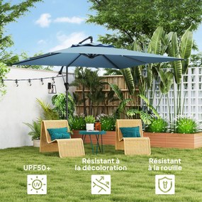 Guarda-sol  de 3 x 3 m com manivela, base em cruz, inclinação ajustável e rotação de 360°, de 180 g/m² azul