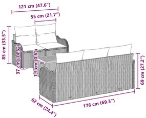 Conjunto de Sofá de Jardim de 6 Peças com Almofadas de Rattan e Poliés