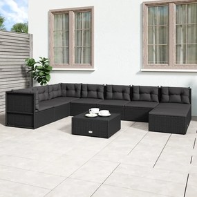 vidaXL 8 pcs conjunto lounge de jardim c/ almofadões vime PE preto