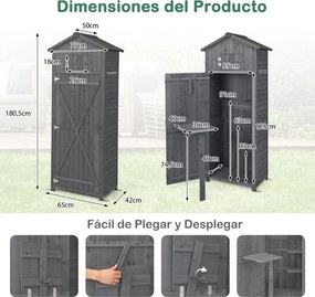 Abrigo de jardim 75 x 50 x 180,5 cm exterior Porta com fechadura Organizador de ferramentas Cinza