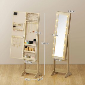 Espelho Joalheiro com Luzes LED Armário para Joias com Ângulo Ajustável  Prateleiras Ranuras para Anéis 36x30x136 cm Madeira