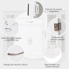 Aparador com Portas de Vidro Temperado com 2 Gavetas Organizador de Cozinha para Cozinha Jantar Sala de Estar 107 x 30 x 82 cm Branco
