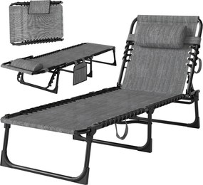 Espreguiçadeira dobrável com encosto reclinável em 5 posições e apoio para a cabeça removível, 189 x 58 x 30 cm, cinzenta
