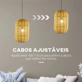 Candeeiro Suspenso de Corda de Papel Candeeiro de Teto Lâmpada E27 Máx. 40W com Corda Ajustável para Sala de Jantar Dormitório Ø30x47cm Natural e Pret