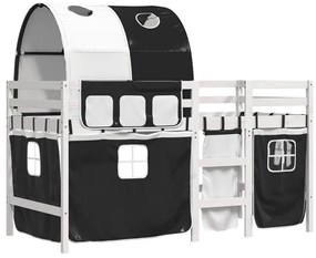 Cama alta criança c/ túnel 90x190 cm pinho maciço branco/preto
