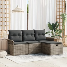 Conjunto de Sofá de Jardim de 4 Peças com Almofadas Cinza Rattan Polié