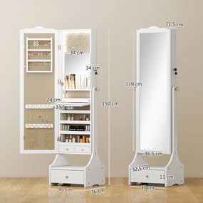 Espelho de Joias com Luzes LED Armário para Joias com Espelho de Ângulo Ajustável Gavetas Mesa Interior Dobrável Branco