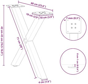 Pés para mesa de centro em formato de X, 2 peças, aço natural, 60x (42