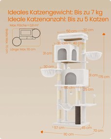 Arranhador para gatos com 175 cm de altura, 2 cavernas e 2 cavidades para descansar, branco creme