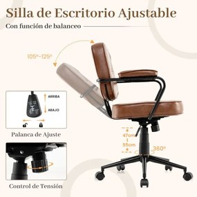 Cadeira de escritório ergonómica estilo meados do século com braços acolchoados, giratória e ajustável em altura com rodas castanho