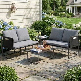 Conjunto de Jardim de 4 peças Móveis de Exterior com 2 Sofás de 2 Lugares 2 Mesas de Vidro Almofadas Capas Removíveis Cinza