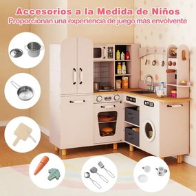 Cozinha de brincar de canto em madeira 96 × 91 × 105 cm com frigorífico de porta dupla, cafeteira, máquina de lavar roupa, 12 acessórios, luzes e sons