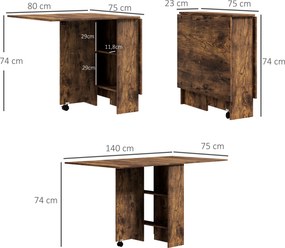 Mesa de Jantar Dobrável, 140 x 75 x 74 cm (CADEIRAS NÃO INCLUIDAS), 2 Prateleiras Integradas, Castanho Rústico