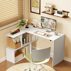 Secretária de canto 120 x 100 x 76 cm em L com prateleiras de arrumação, tabuleiro deslizante para teclado, branco