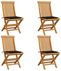 Cadeiras de jardim c/ almofadões pretos 4 pcs teca maciça