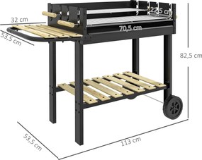 Churrasqueira a Carvão 113x53,5x82,5 cm com 2 Grelhas Alturas Ajustáveis Mesa Lateral, Prateleira e Rodas para Jardim Preto