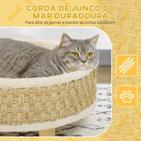 Cama Elevada para Gatos e Cães Miniatura com Almofada Lavável Corda de Seagrass Estrutura de Madeira Ø48x24,5 cm Bege