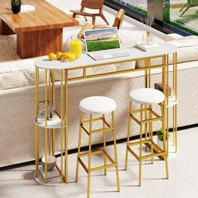 Mesa de bar alta retangular 150 x 40 x 105 cm (BANCOS NÃO INCLUIDOS) com estantes de arrumação, estrutura metálica e tampo em imitação mármore; consol
