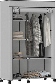 Guarda roupa em tecido, móvel de arrumação com 6 rodas, varão para roupa e prateleiras abertas, 103 x 43 x 162,5 cm, cinzento