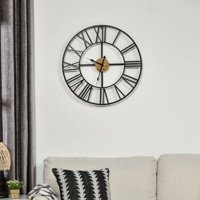 Relógio de Parede Silencioso de Ø60 Relógio de Parede de Metal e Madeira com Números Romanos sem Tique-Taque Funciona com Pilhas Estilo Vintage Decora