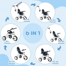 Triciclo para Bebés 2 em 1 Triciclo Evolutivo para Crianças com Toldo Dobrável e Guiador Telescópico 105x47x98 cm Branco