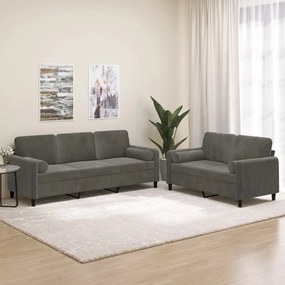 vidaXL 2pcs conjunto sofás c/ almofadas/almofadões veludo cinza-escuro