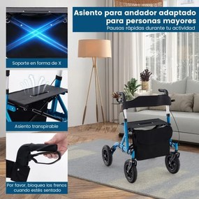Andarilho dobrável para idosos com assento 24 cm Rodas pneumáticas todo-o-terreno Saco de arrumação Carga 160 kg Azul