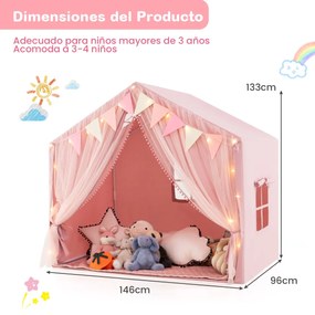 Tenda infantil com 2 cortinas de tecido e rede, luzes de estrelas, 2 janelas respiráveis e almofada de algodão rosa