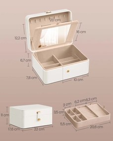 Caixa para joias 17,6 x 22 x 11 cm com duas camadas, espelho e tabuleiro flexível, branca